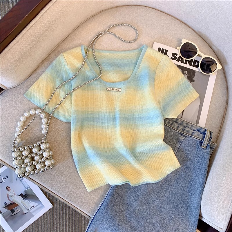 Dopamine Wear Contrast Color Striped T-shirt Women's Summer Design Sense Niche Knitted Short-sleeved Sweet and Hot Style Short Top