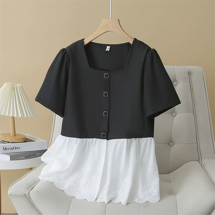 2024 летняя новая рубашка с короткими рукавами большого размера толстая ММ мода тонкая корейская версия с квадратным воротником с рюшами детская рубашка 8962