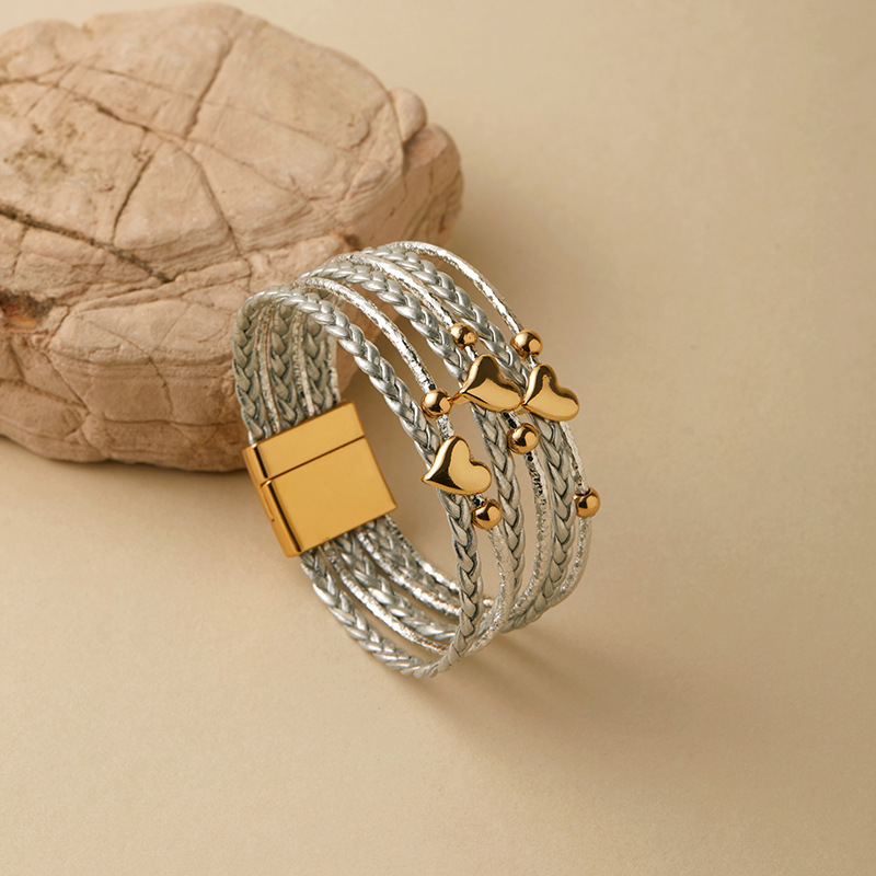 Retro Streetwear Heart Shape Pu Leather Alloy Wrap Bracelets Wholesale display picture 17