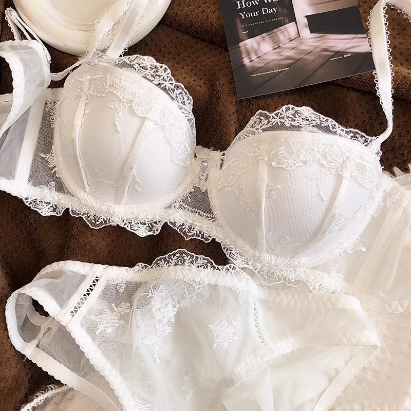 New French style embroidered lace underwear thin soft steel ring top support push up big chest show small chest push up bra suit