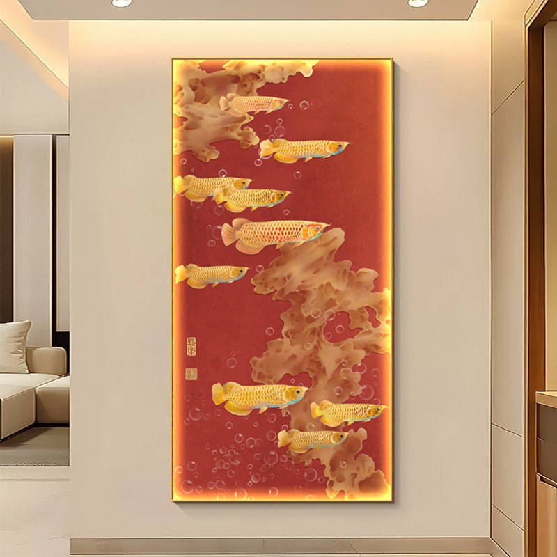 金龙九鱼入户进门中式玄关装饰画寓意好古典走廊过道尽头挂画壁画|undefined
