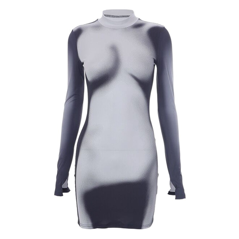 Ropa de mujer europea y americana 2023 otoño nueva moda Falda corta de manga larga cuerpo impreso de manga larga vestido de cuello redondo Delgado mujeres
