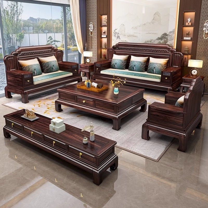Ebony Solid Wood Sofa Living Room Combination Winter and Summer Dual-Use Ming and Qing Antique Carved Villa New Chinese Classical Sofa