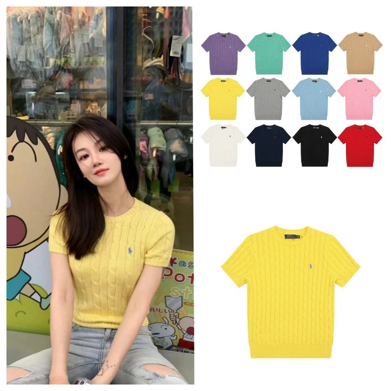 Summer Foreign Trade Rl Laff War Horse Embroidered Small Logo Twist Knit Round Neck Short Sleeve Ins College Style Casual Top