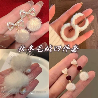 银针秋冬毛绒圆形耳环时尚气质复古百搭耳钉小众高级感耳饰批发女