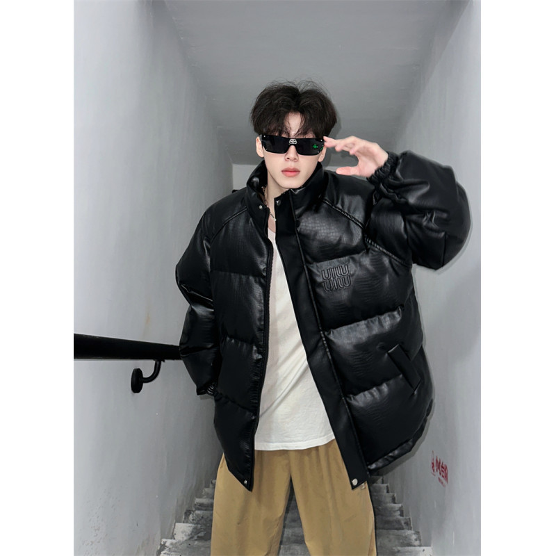 Branded Pu Leather Cotton Jacket for Men in Winter, Thickeneded and Warm, Trendy Crocodile Pattern Bread Jacket, Youth Loose Cotton Jacket