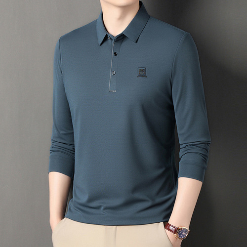 High-end men's long-sleeve T-shirt with a collar, suitable for spring and autumn, loose and comfortable, for middle-aged and young men, T-shirt polo shirt base top