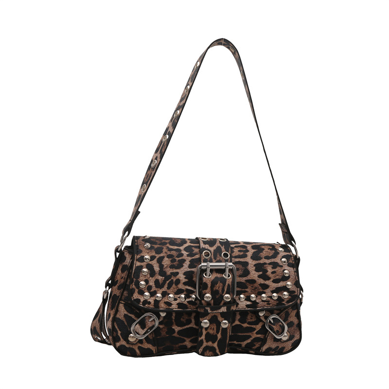 2025 New Trendy Studded Leopard Print Designer Motorcycle Shoulder Bag Crossbody Underarm Baguette Bag For Women - Thumbnail 5
