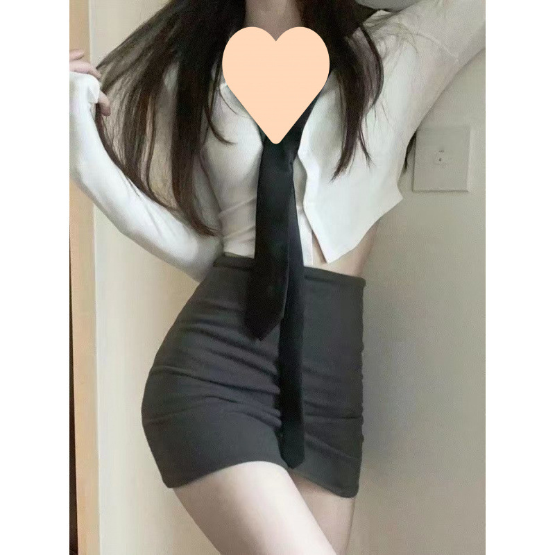 가을 세트 순수한 소원 허리 흰색 셔츠 여성용 슬림 슬리밍 스파이스 소녀 탑 긴팔 셔츠 반 엉덩이 스커트