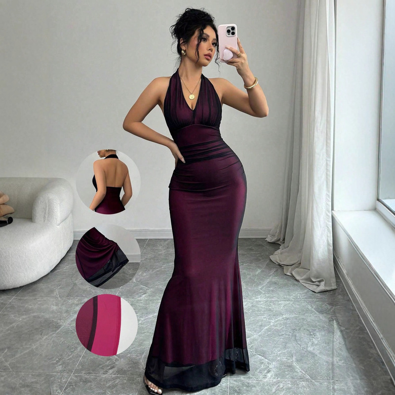 Cross-Border European and American Foreign Trade Amazon 2025 Summer New Women's Clothing Sexy Halter Neck Mesh Pure Desire Sleeveless Dress Cross-Border European and American Foreign Trade Amazon 2025 Summer New Women's Clothing Sexy Halter Neck Mesh Pure Desire Sleeveless Dress