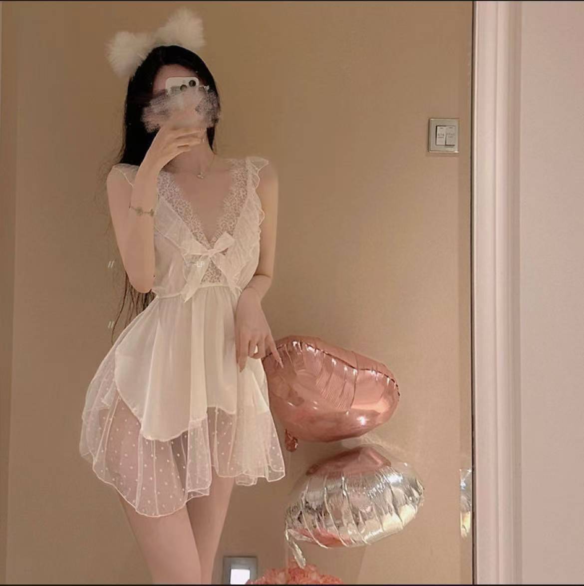 Plus Size Mesh Sling Nightgown, Backless Polka Dot Babydoll in Pink Polyester — detail image 2
