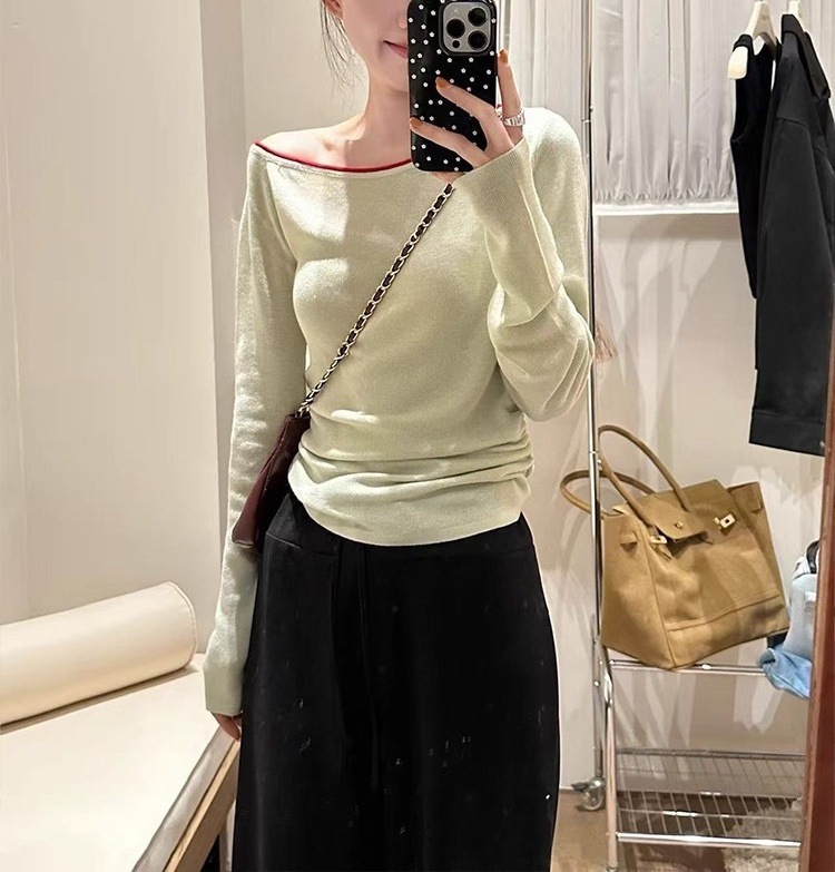 小个子黑色斜肩一字领长袖t恤女春秋季超好看单穿打底衫上衣|undefined