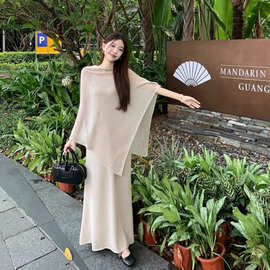慵懒风不规则微透针织罩衫披肩上衣女装夏季气质吊带连衣裙两件套