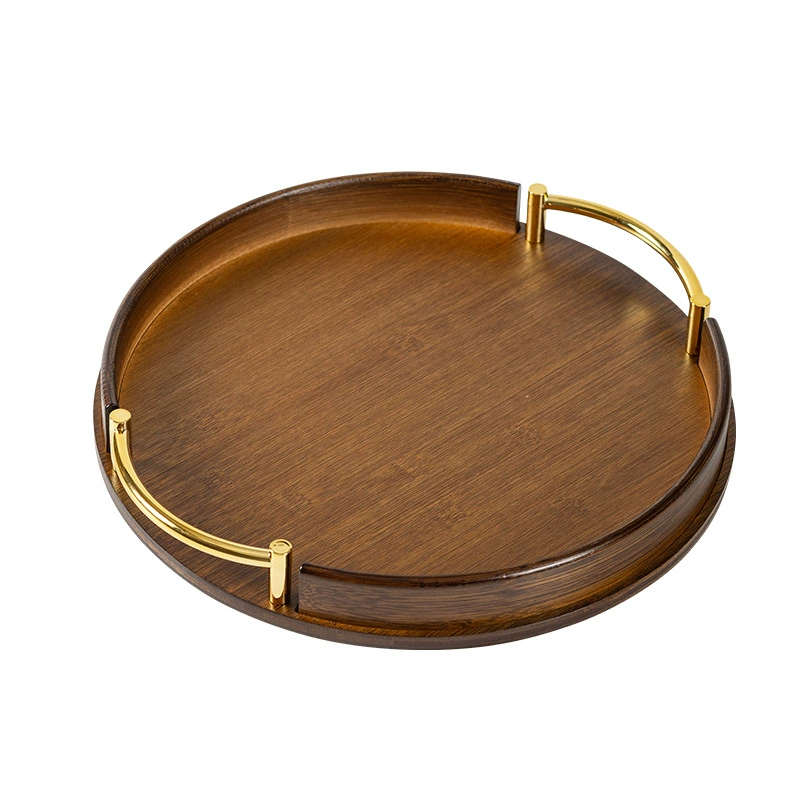 Bamboo serving tray, round with handles, wood‑tone finish, 25/30/35 cm