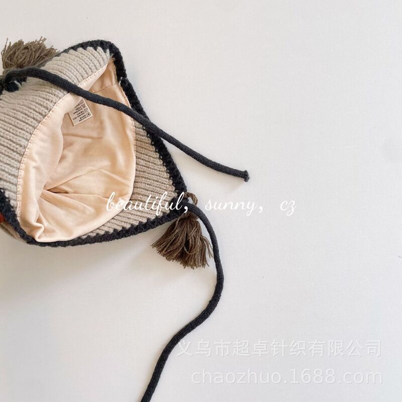 INS风小众设计师同款流苏小辫子撞色边品质款毛线帽儿童护耳帽|undefined