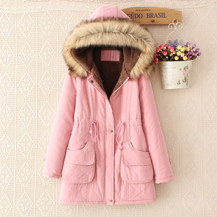 Cross-Border 2025 Autumn and Winter New European and American Style Mid-Length Drawstring Slim Hooded Large Fur Collar Cotton Jacket for Women