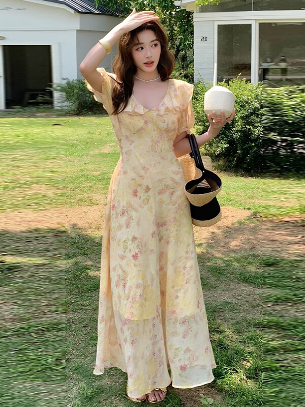 Collared Floral Dress for Women, New Summer Style, Ruffled French Style, Slimming, Sexy Long Dress Collared Floral Dress for Women, New Summer Style, Ruffled French Style, Slimming, Sexy Long Dress