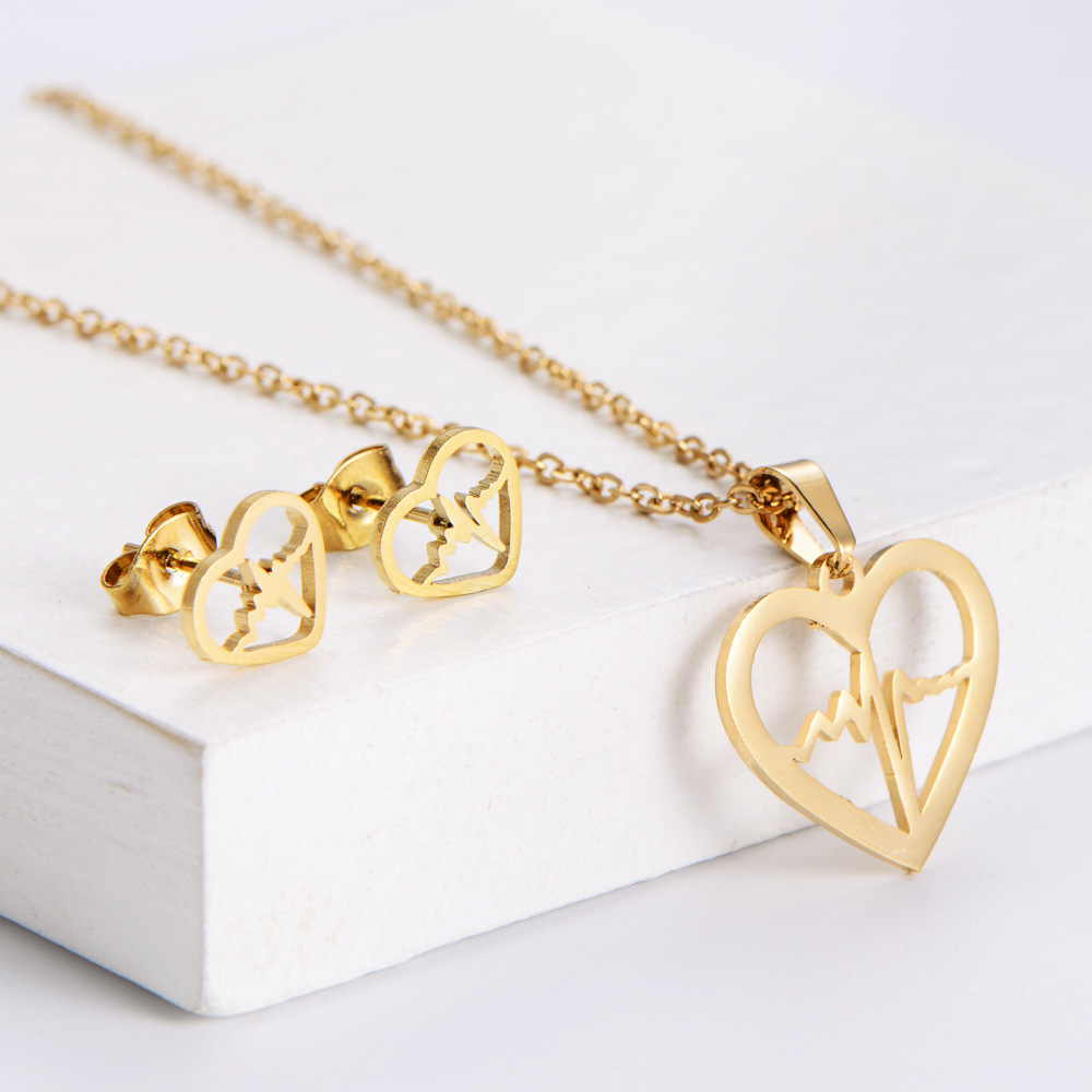 AML [Best-Selling Ornament] Titanium Steel Set Jewelry Heart-Shaped Pendant ECG Net Hongguo Domestic
