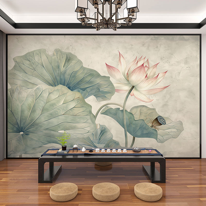 壁画3d立体中式意境荷花电视背景墙壁纸客厅壁布装饰墙布墙纸|undefined