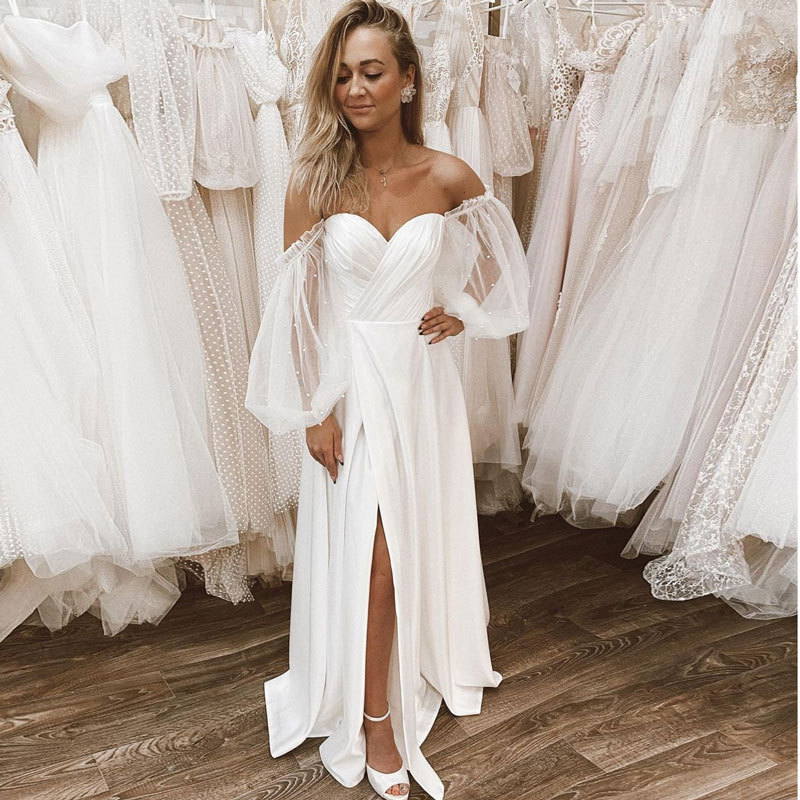 Comercio exterior europeo y americano Amazon AliExpress deseo nueva perla puff manga vestido de novia sexy tubo soporte superior personalización