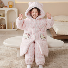 女童睡袍冬季珊瑚绒三层加厚夹棉睡衣女孩中长款加绒保暖儿童家居