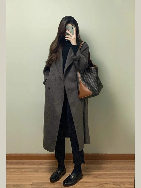 美拉德穿搭感毛呢大衣女秋冬加厚过膝中长款韩系风呢子外套|undefined