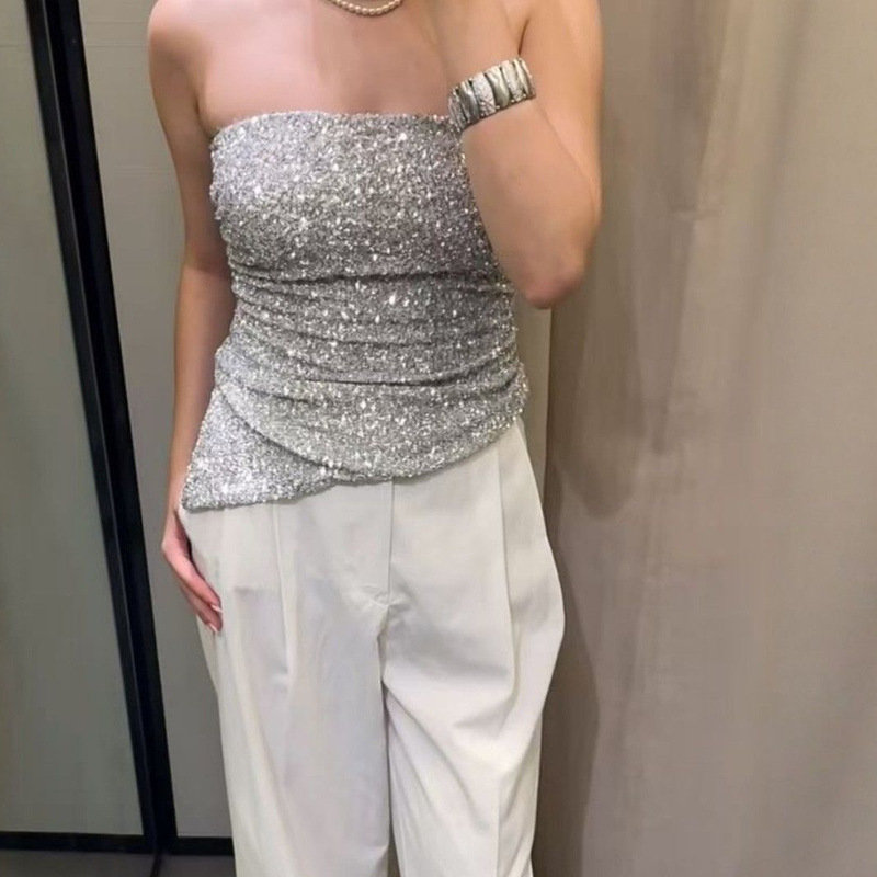 French-Style Pure Desire Camisole, Feminine Dress, Silver Sequins, Irregular Slim-Fit Tube Top, Short Slimming Top French-Style Pure Desire Camisole, Feminine Dress, Silver Sequins, Irregular Slim-Fit Tube Top, Short Slimming Top