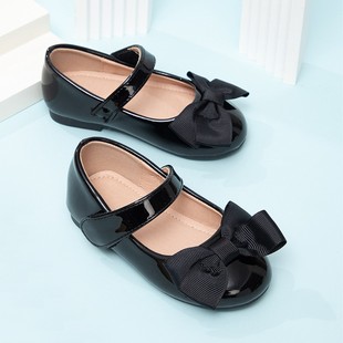 Cute children's black casual footwear girl's with bow for early age, suitable for spring and autumn, princess style, soft sole