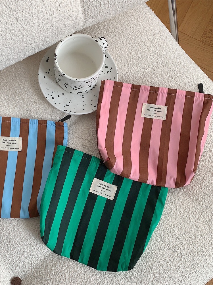 310175 bolsas de maquillaje de rayas de empalme con cremallera de lona de viaje paquetes de maquillaje de gran capacidad bolsa de almacenamiento para mujeres