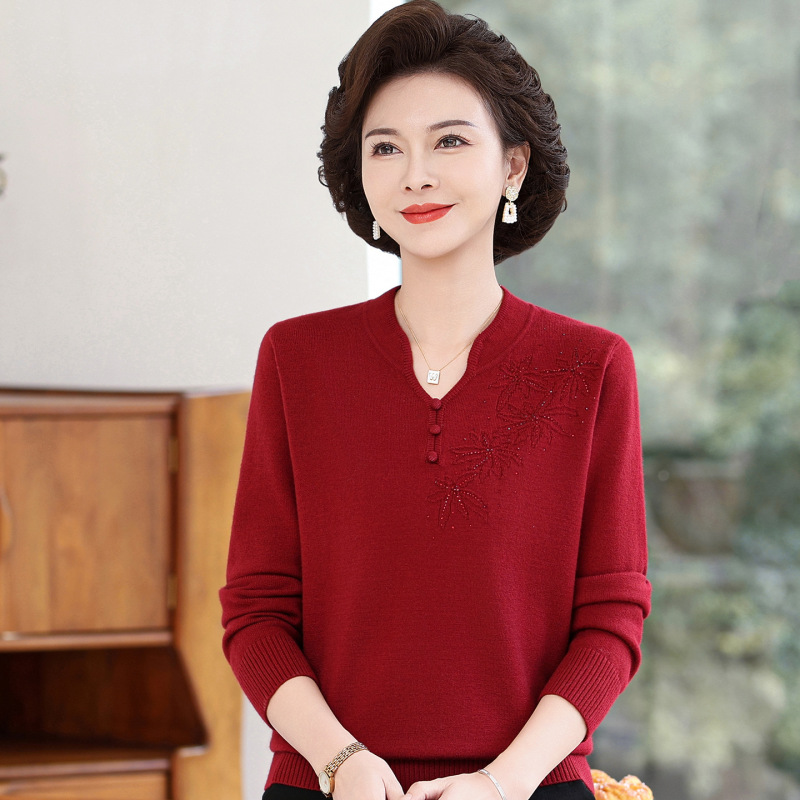 妈妈长袖t恤上衣春秋款洋气小衫50-60岁中老年大码女装针织打底衫|undefined