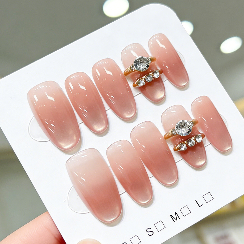 Purely Handmade Wearable Nail Tips in Nude Color with Cat Eye Gradient, Inlaid with Diamonds and Pearls, Simple and Elegant, Short Style, Handmade Nail Art Tips
