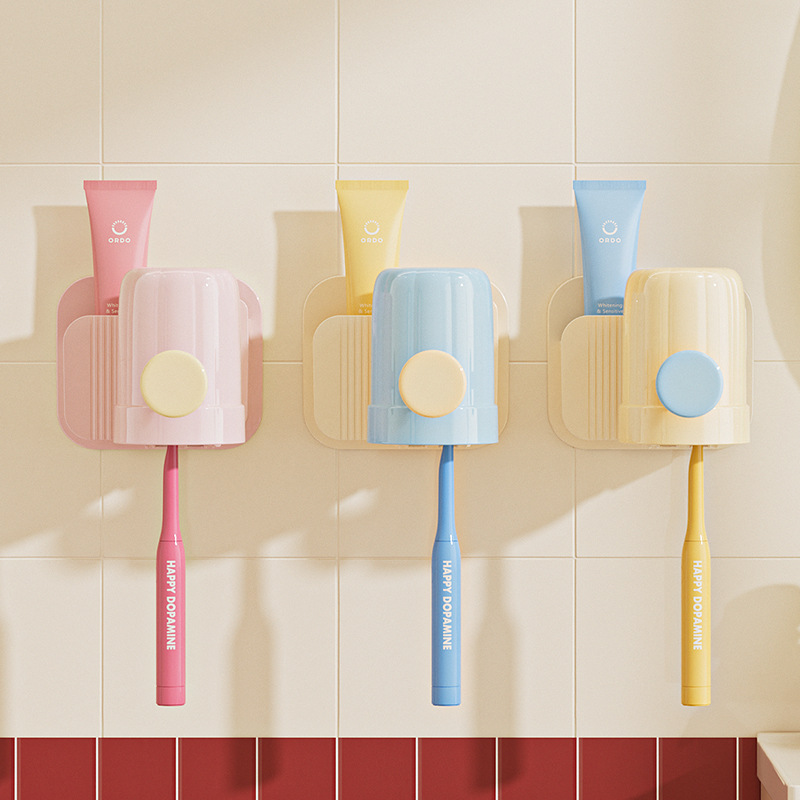 Bathroom New Toothbrush Cup Toothpaste Storage Rack Bathroom Punch-Free Mouthwash Cup Holder Wall-Mounted Simple Storage Rack