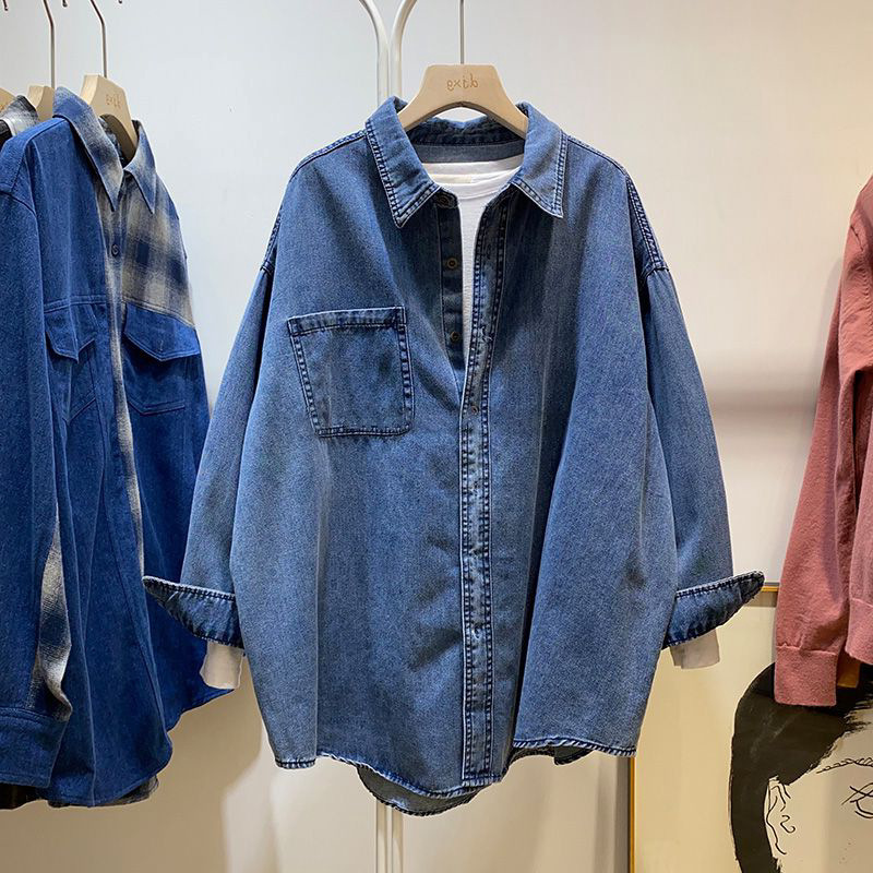2026 Spring and Autumn Retro Hong Kong Style Blue Denim Shirt Jacket for Women, Autumn and Winter Layered Shirt Top, Slim Fit for Petite Figures