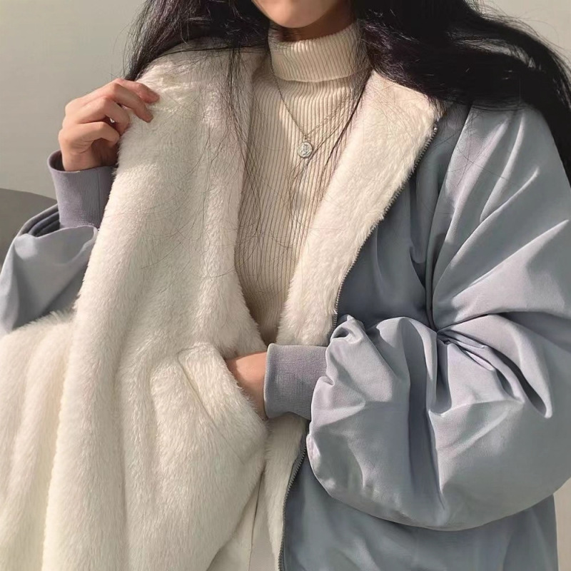 Korean Fleece-Lined Thick Reversible Lamb Wool Cotton Jacket for Women, Winter Zip-Up Hooded Cotton Coat, Cold-Proof Korean Fleece-Lined Thick Reversible Lamb Wool Cotton Jacket for Women, Winter Zip-Up Hooded Cotton Coat, Cold-Proof