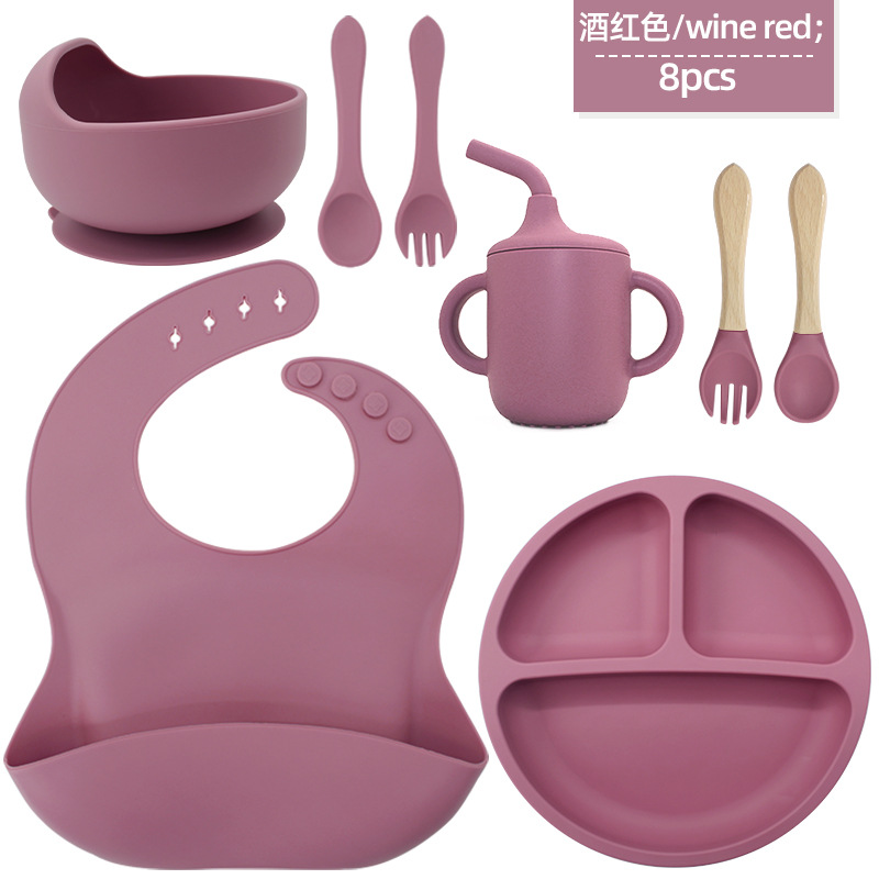 Juego de vajilla de silicona para niños, tazón de alimentos suplementarios, cuchara de silicona para bebé, tazón de silicona, vajilla de silicona, juego de ocho piezas de grado alimenticio
