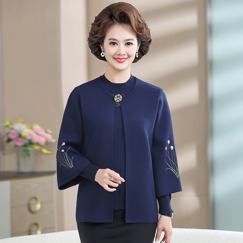 Вязаный комплект из двух предметов для мамы, новинка, свободная Однотонная рубашка-свитер с низом, универсальный свитер для женщин среднего и пожилого возраста