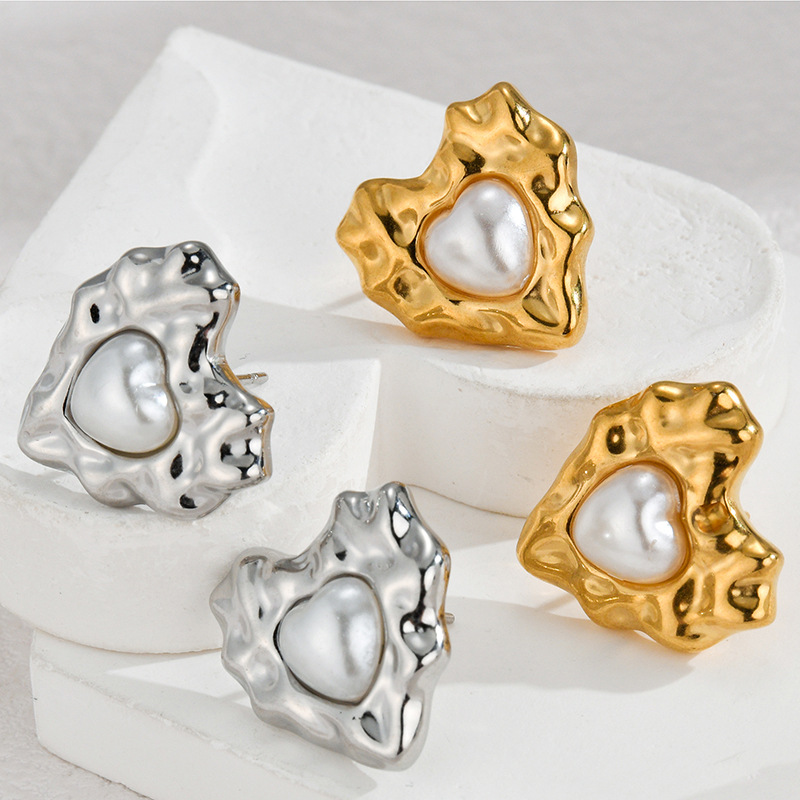 Pearl Inlay Material 1 Pair Simple Style Heart Shape Inlay 304 Stainless Steel Pearl Ear Studs