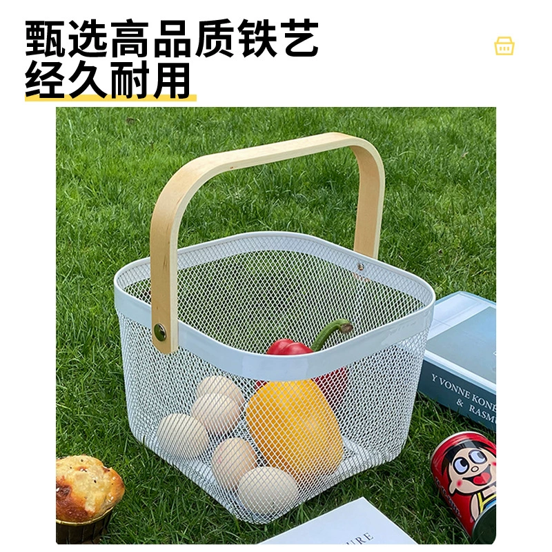 Покрытие Nordic Light Luxury Iron Art Strike Basketball Wood Handle Rolled Fruit Vegetables Basketable House Hollow Storage Basket