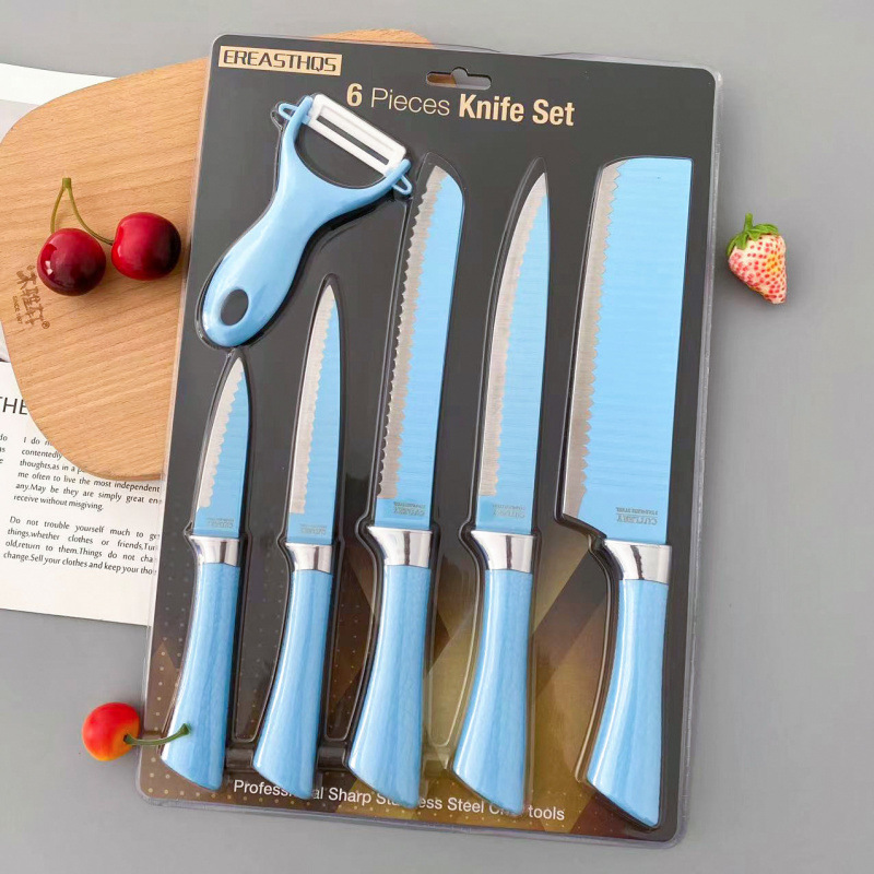 Juego de cuchillos de cocina de acero inoxidable de seis piezas con patrón de onda de color de venta caliente