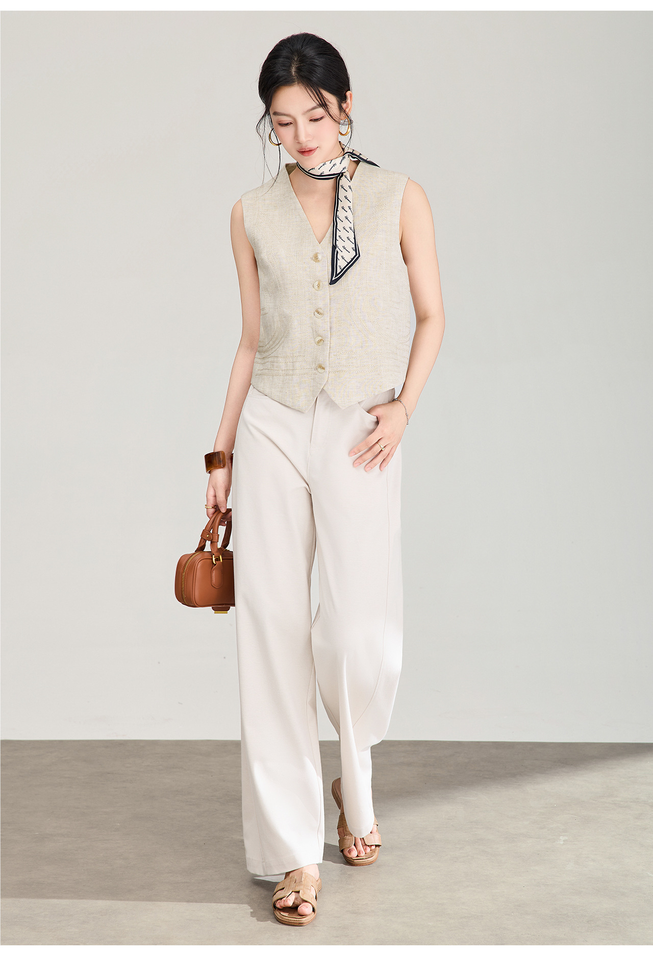 Áo khoác gile không tay cổ chữ V phối lớp phong cách cổ điển chất liệu vải lanh pha sợi Tencel — Màu cà phê chi tiết 15