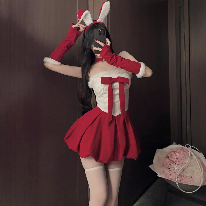 Christmas Outfit Bunny Girl Cosplay Cute Sexy Pure Desire Velvet Sweet Bow Tube Top Dress