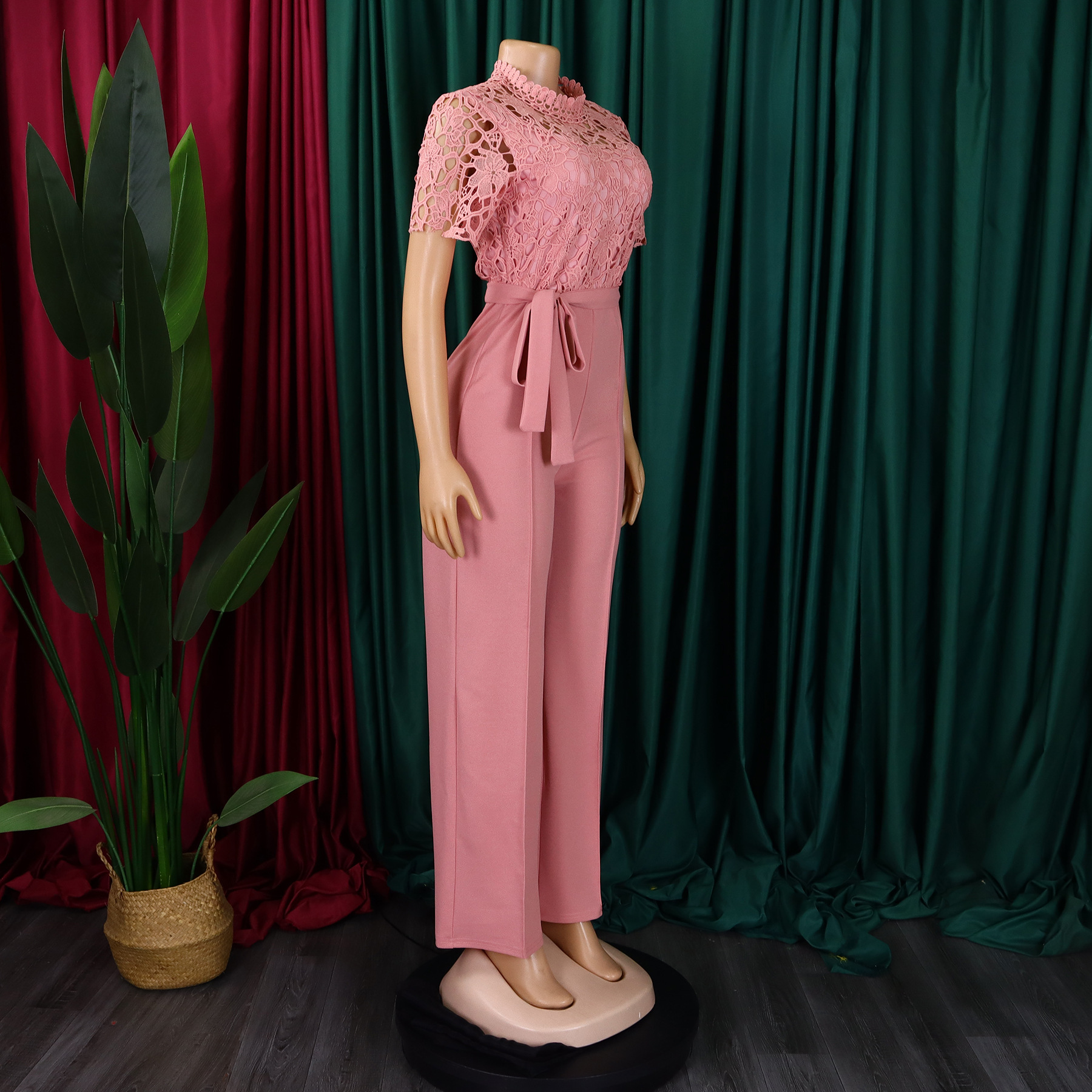 546g Weight Short Sleeve Sleeve Length Polyester Fabric Type High Waist Waist Line Jumpsuits Pants Type Daily Occasion Loose Fit Type Solid Color Pattern Summer Season Women's Gender Lace Design Casual Style Women's Daily Casual Solid Color Lace Jumpsuits 2