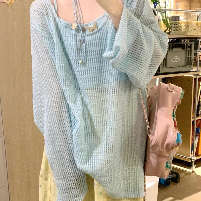 Summer Thin Hollow-Out Long-Sleeve T-Shirt Top for Women, Loose and Casual Outerwear with a Unique Design, Sun-Protective Knit Set Summer Thin Hollow-Out Long-Sleeve T-Shirt Top for Women, Loose and Casual Outerwear with a Unique Design, Sun-Protective Knit Set