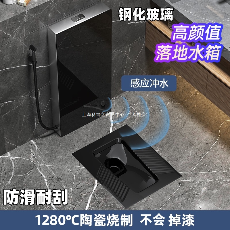 黑色蹲便器蹲坑式 防臭蹲便池家用落地冲水箱感应水箱整套装