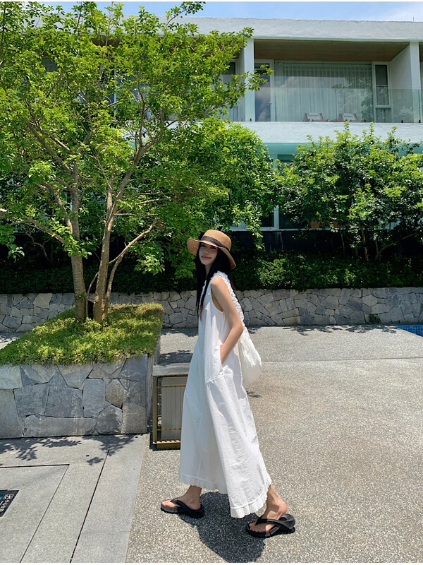 Gentle Style White Sleeveless Vest Dress Women's Summer Loose Skirt Casual Long Skirt Layered Two-Piece Set