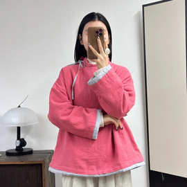 2025冬季韩版宽松文艺复古风亚麻糖果色立领棉衣百搭保暖棉服女