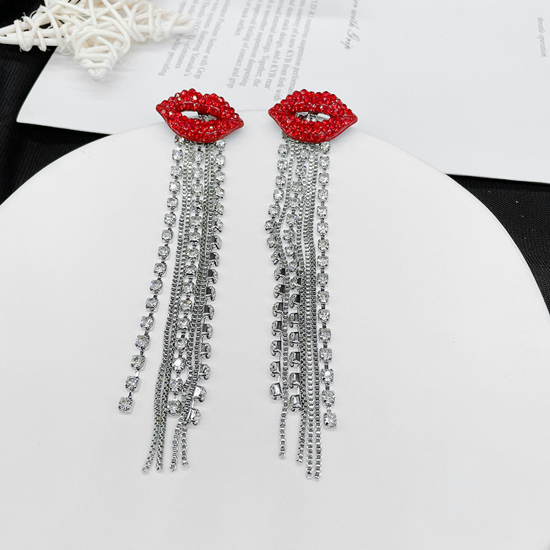 1 Pair Shiny Lips Plating Inlay Metal Rhinestones Drop Earrings display picture 2