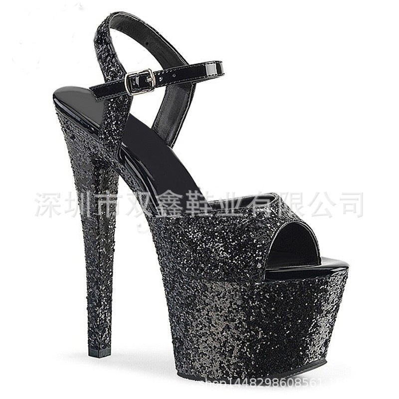 17cm Super tacón alto tamaño libre peep toe cuero señora Orden de goma hebilla estilo francés sandalias moda negro