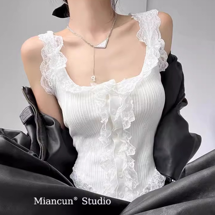 Sexy Lace Sleeveless Vest with Breast Pads for Women Summer New Versatile Pure Lust Style Knitwear Top for Inner Wear Sexy Lace Sleeveless Vest with Breast Pads for Women Summer New Versatile Pure Lust Style Knitwear Top for Inner Wear