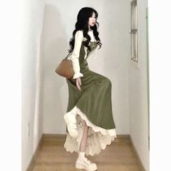 秋冬穿搭法式复古假两件小众拼接连衣裙显瘦冷淡系别致长裙子